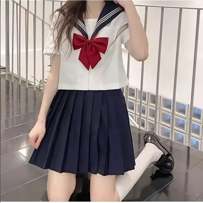 Womens Japanese JK Sailor School Uniform Set Classic Long Sleeve Anime Cosplay Outfit With Red Tie 3