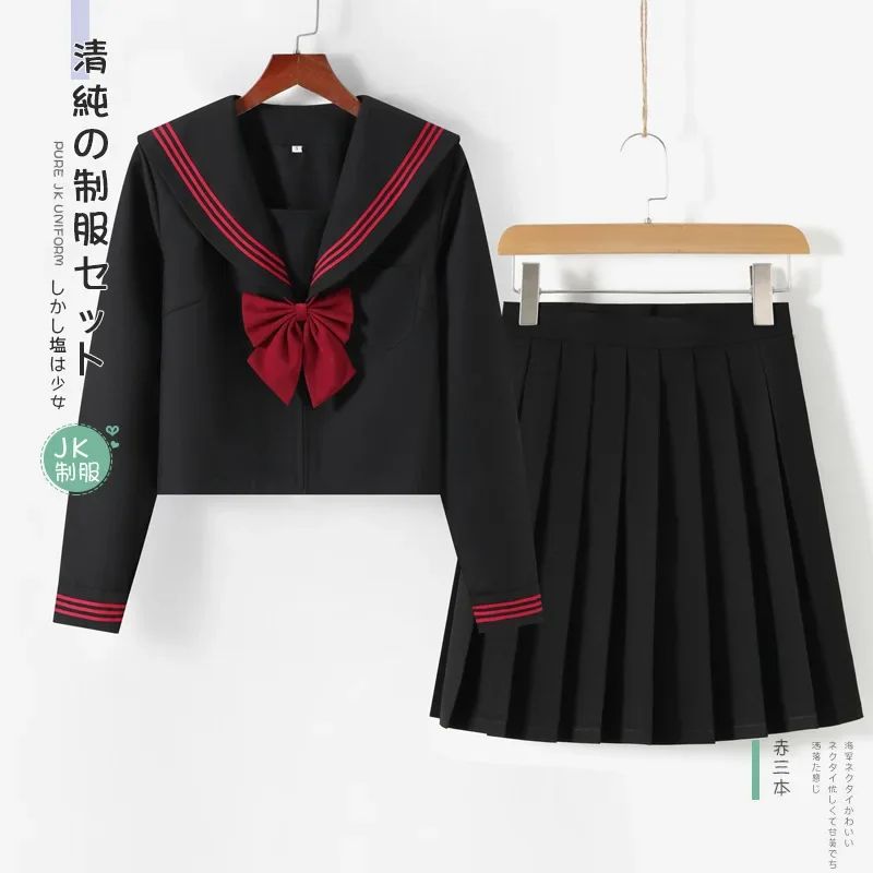 Womens Black Japanese JK Sailor School Uniform Set Classic Anime Cosplay Student Outfit With Pleat 11