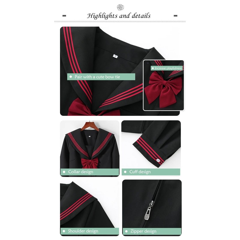 Womens Black Japanese JK Sailor School Uniform Set Classic Anime Cosplay Student Outfit With Pleat 7