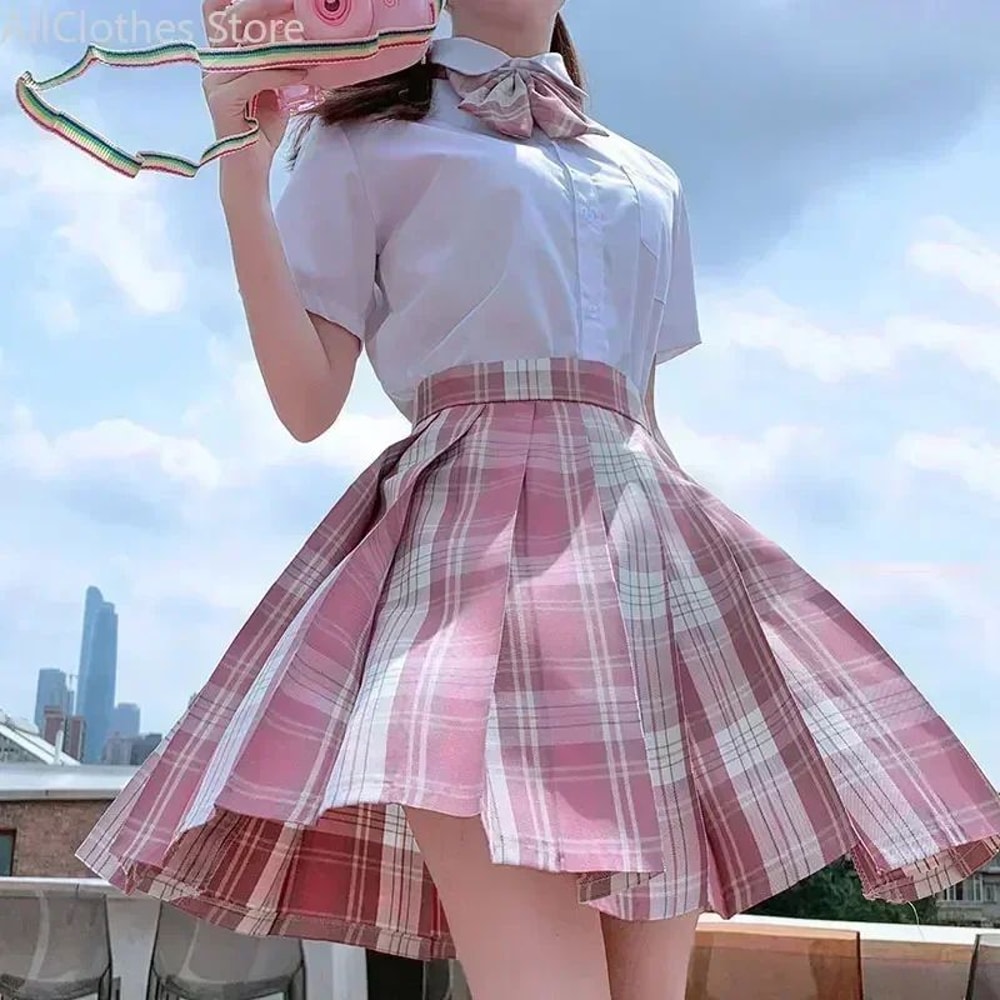 Korean JK Sailor School Uniform Set Pink Plaid Pleated Skirt Blouse Cosplay Outfit For Women 2