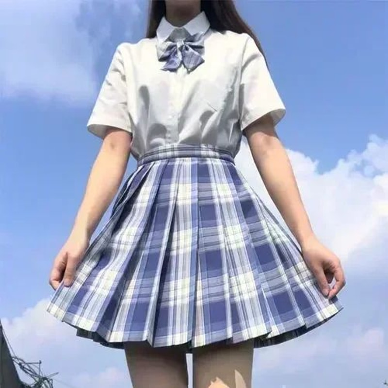 Korean JK Sailor School Uniform Set Pink Plaid Pleated Skirt Blouse Cosplay Outfit For Women 5
