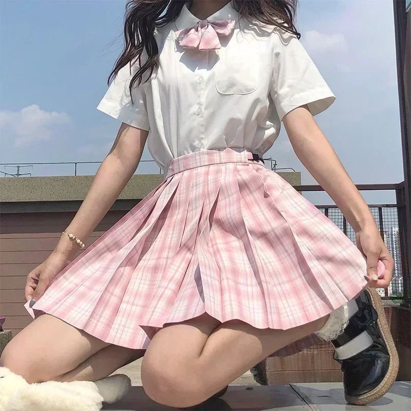 Korean JK Sailor School Uniform Set Pink Plaid Pleated Skirt Blouse Cosplay Outfit For Women 16