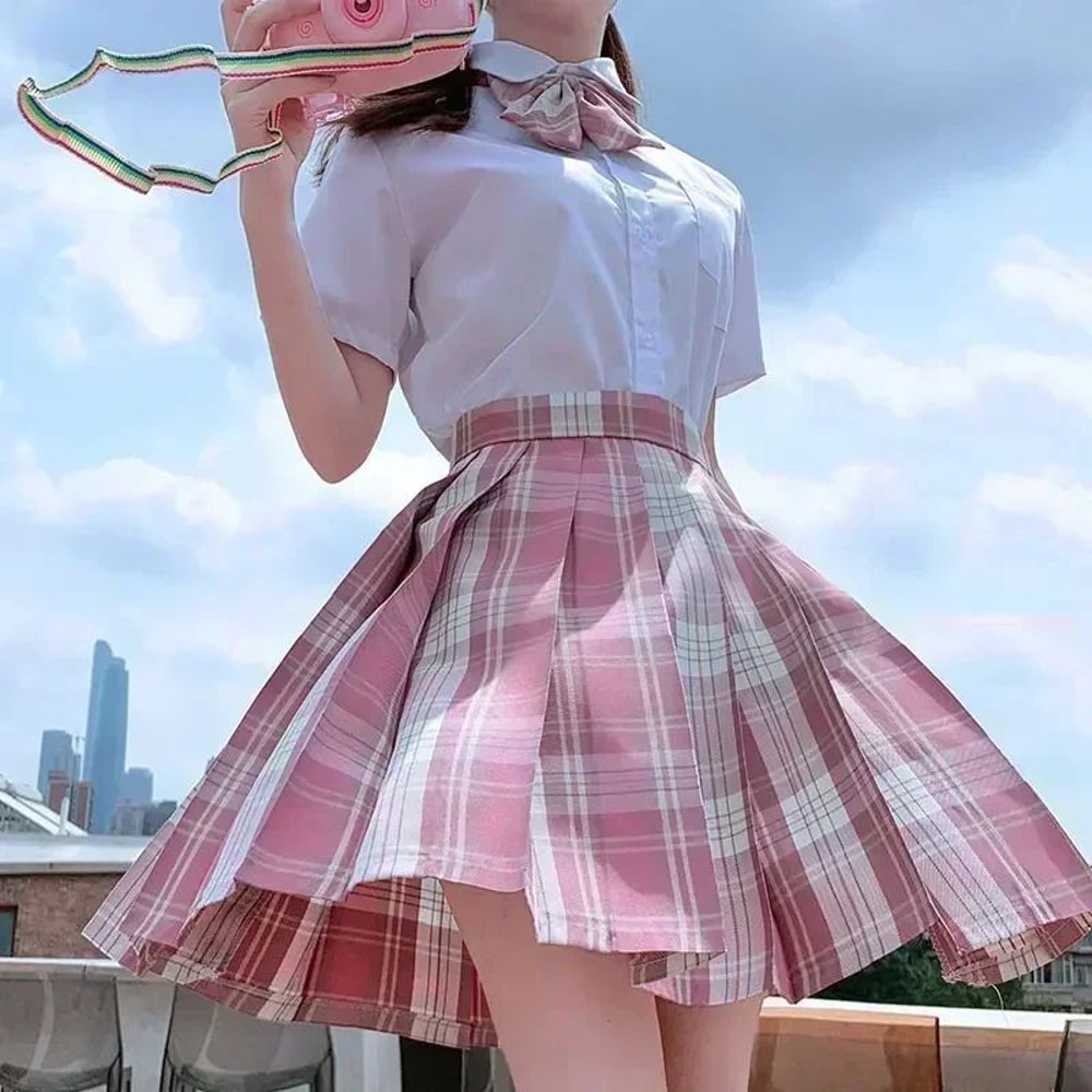 Korean JK Sailor School Uniform Set Pink Plaid Pleated Skirt Blouse Cosplay Outfit For Women 11