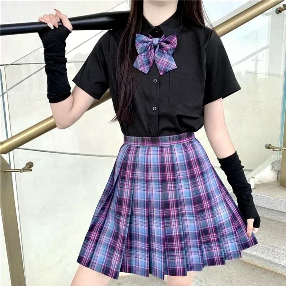 Korean JK Sailor School Uniform Set Pink Plaid Pleated Skirt Blouse Cosplay Outfit For Women 18