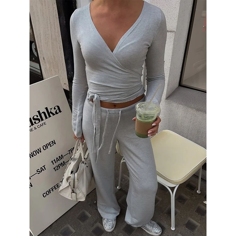 Absobe Womens Autumn Winter Knit 2Piece Lounge Set Flare Sleeve Crop Cardigan WideLeg Pants Outfi