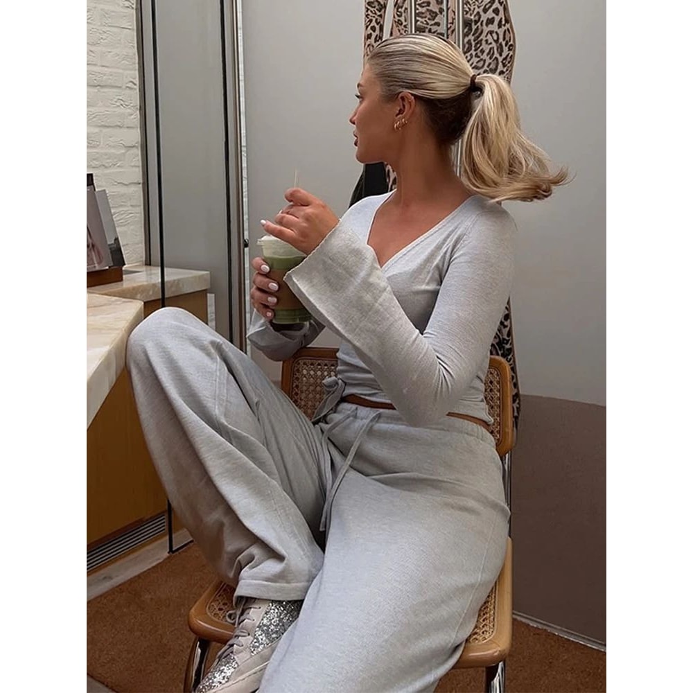 Absobe Womens Autumn Winter Knit 2Piece Lounge Set Flare Sleeve Crop Cardigan WideLeg Pants Outfi