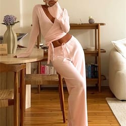 absobe women's autumn winter knit 2-piece lounge set – flare sleeve crop cardigan & wide-leg pants outfit