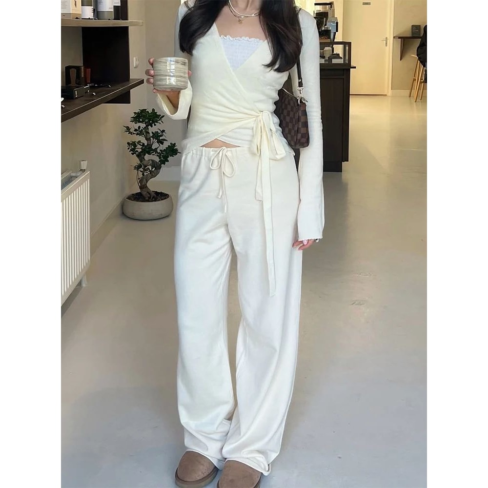 Absobe Womens Autumn Winter Knit 2Piece Lounge Set Flare Sleeve Crop Cardigan WideLeg Pants Outfi