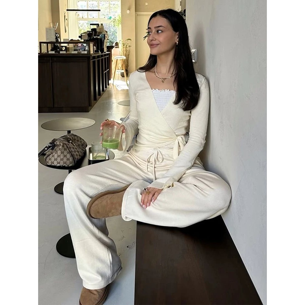 Absobe Womens Autumn Winter Knit 2Piece Lounge Set Flare Sleeve Crop Cardigan WideLeg Pants Outfi