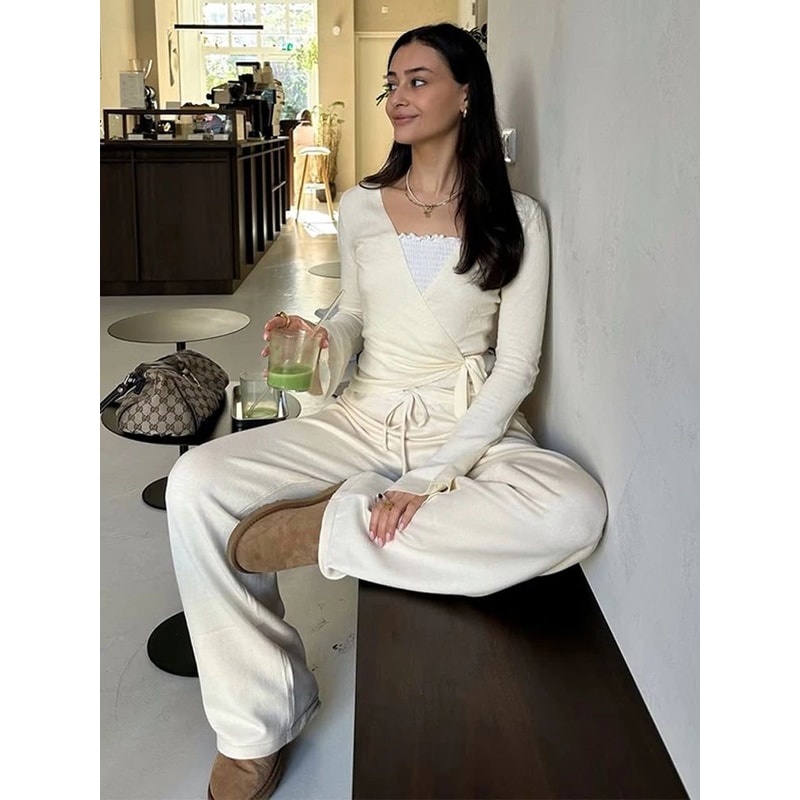 Absobe Womens Autumn Winter Knit 2Piece Lounge Set Flare Sleeve Crop Cardigan WideLeg Pants Outfi