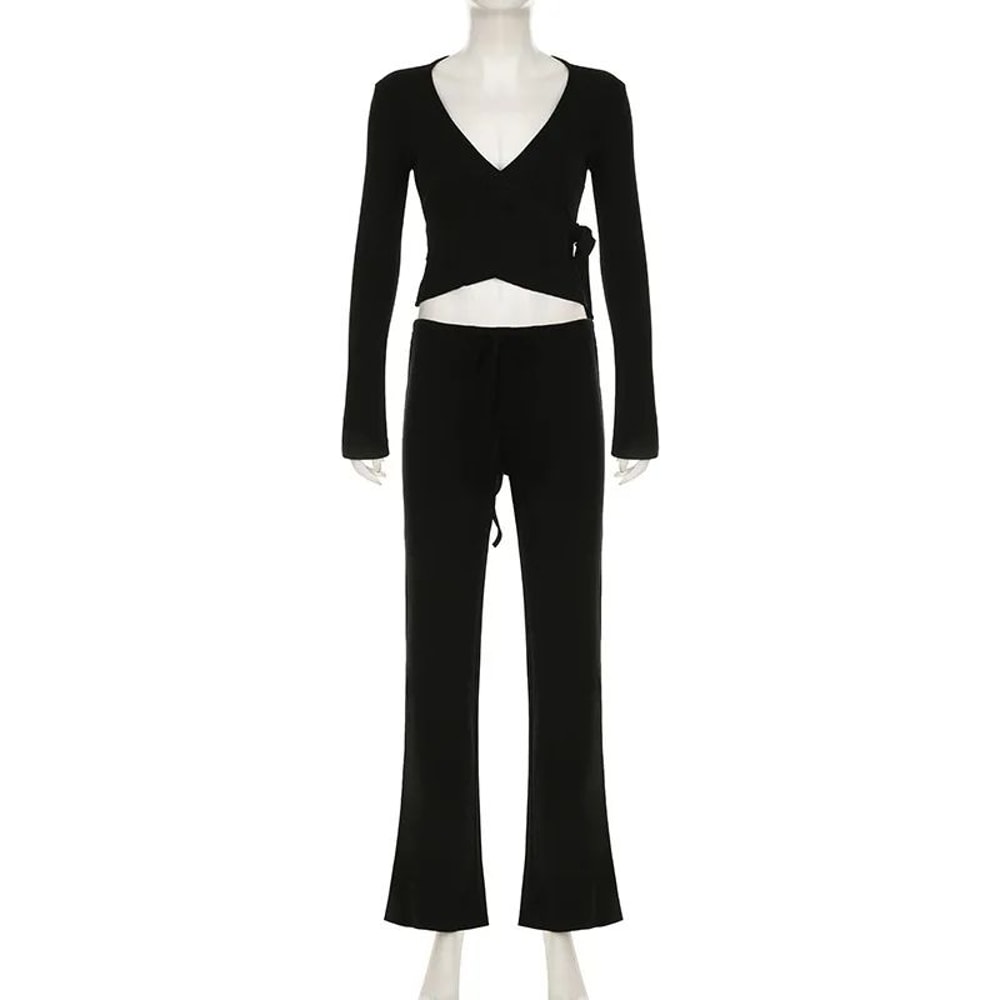 Absobe Womens Autumn Winter Knit 2Piece Lounge Set Flare Sleeve Crop Cardigan WideLeg Pants Outfi