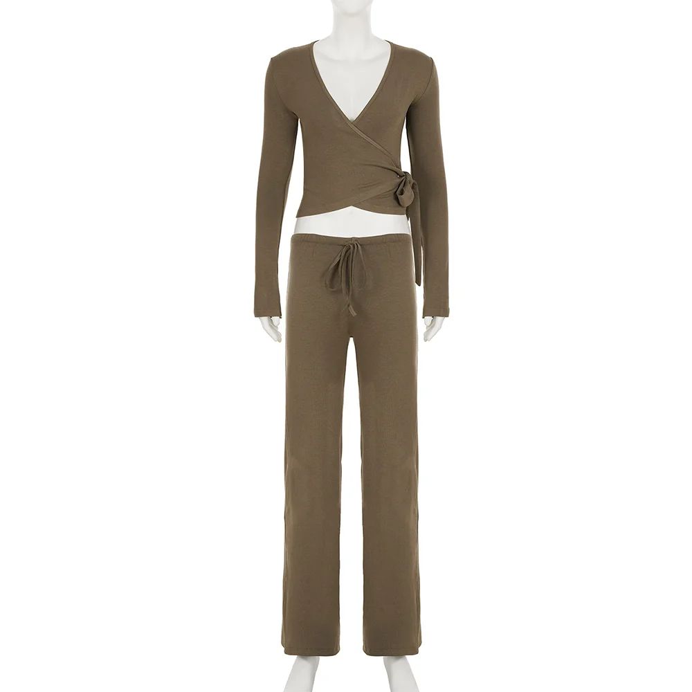 Absobe Womens Autumn Winter Knit 2Piece Lounge Set Flare Sleeve Crop Cardigan WideLeg Pants Outfi