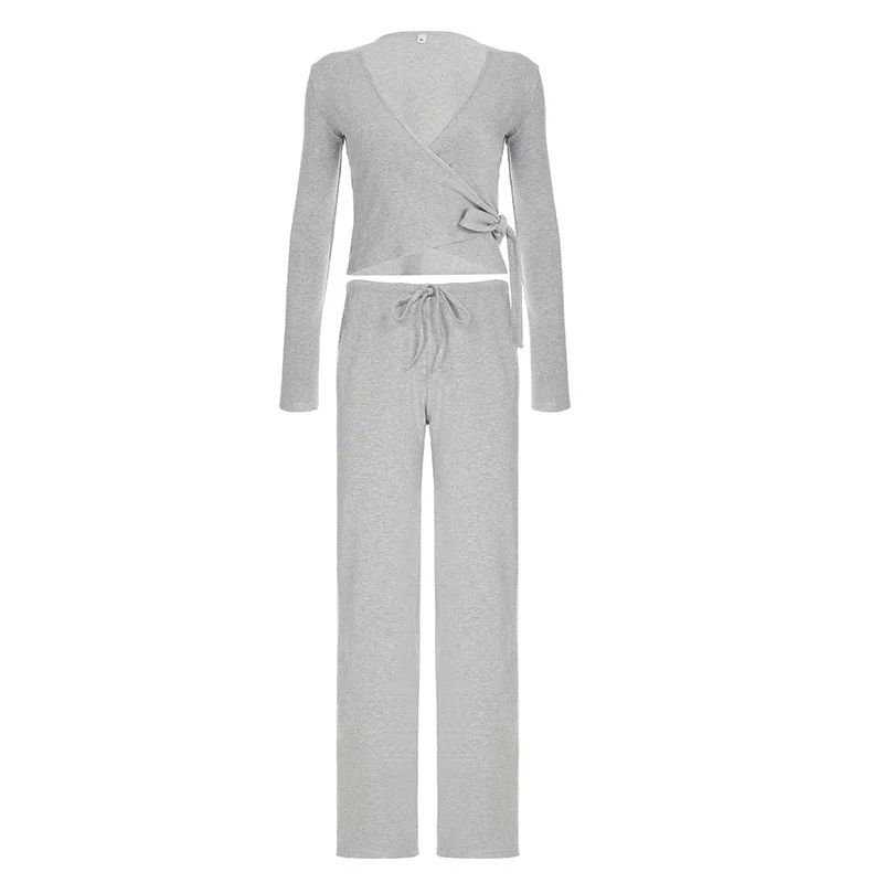 Absobe Womens Autumn Winter Knit 2Piece Lounge Set Flare Sleeve Crop Cardigan WideLeg Pants Outfi