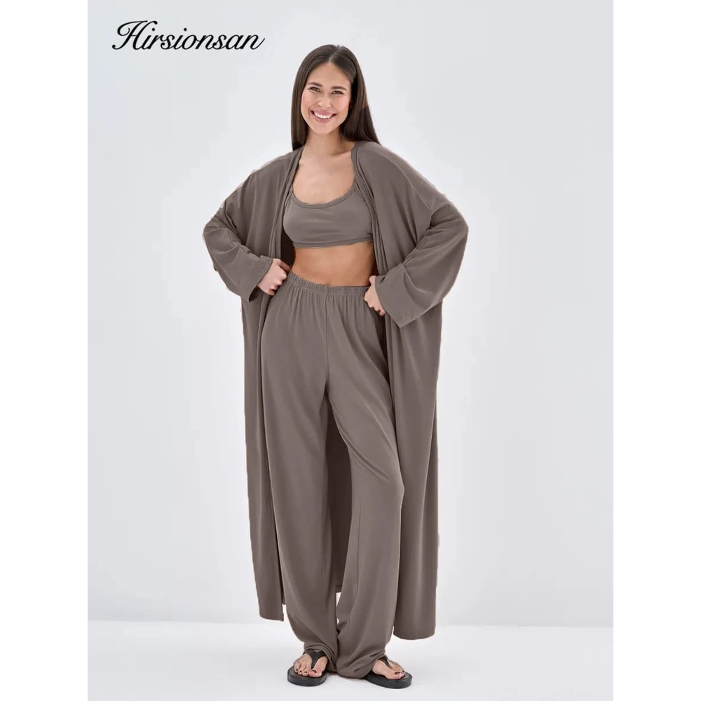 Hirsionsan Womens Modal 3Piece Lounge Set Loose Cardigan Vest HighWaist Pants Casual Outfit 0