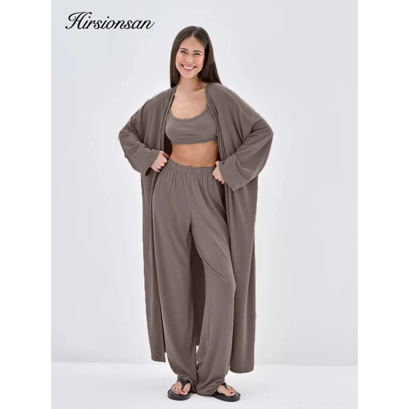 Hirsionsan Womens Modal 3Piece Lounge Set Loose Cardigan Vest HighWaist Pants Casual Outfit 0