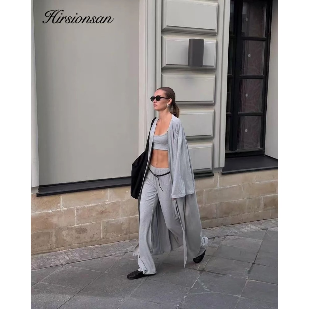 Hirsionsan Womens Modal 3Piece Lounge Set Loose Cardigan Vest HighWaist Pants Casual Outfit 2
