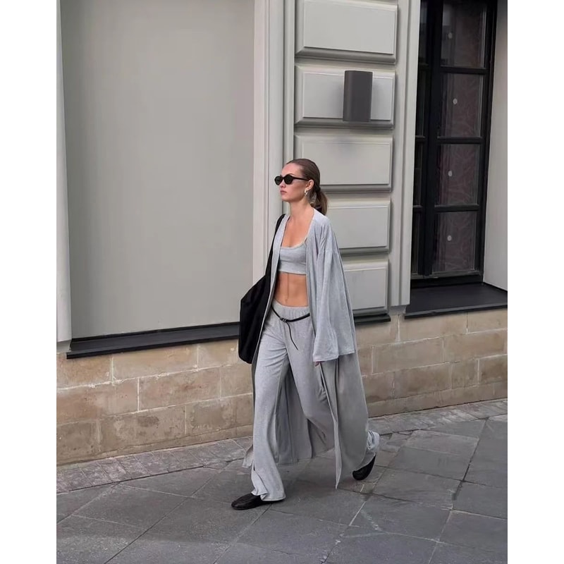 Hirsionsan Womens Modal 3Piece Lounge Set Loose Cardigan Vest HighWaist Pants Casual Outfit 7