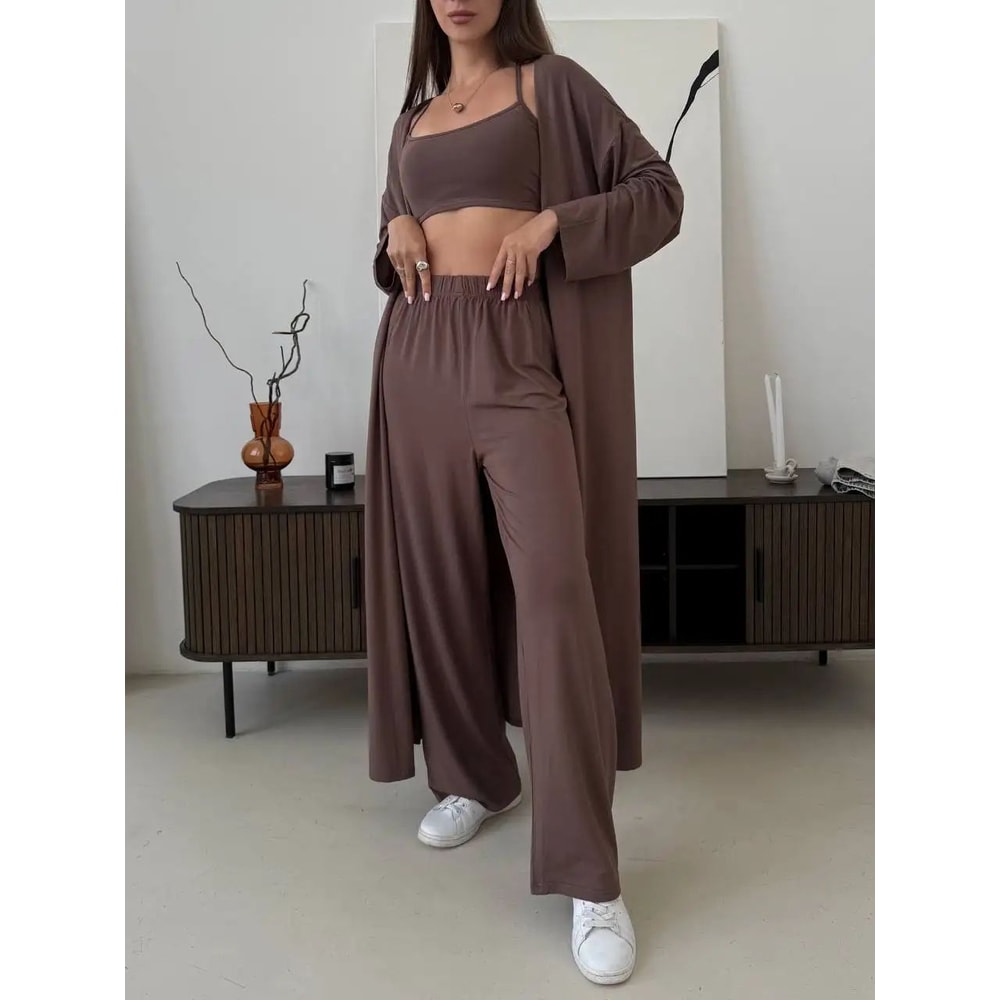 Hirsionsan Womens Modal 3Piece Lounge Set Loose Cardigan Vest HighWaist Pants Casual Outfit 9