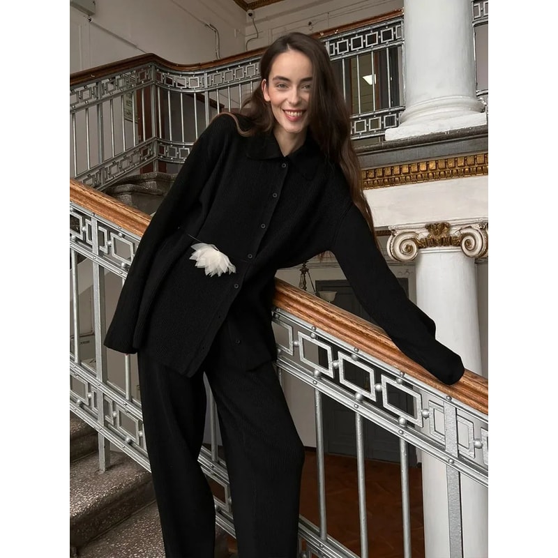 Bornladies Womens Knit Cardigan Pants Set Autumn Winter Loose TwoPiece Office Sweater Outfit 2