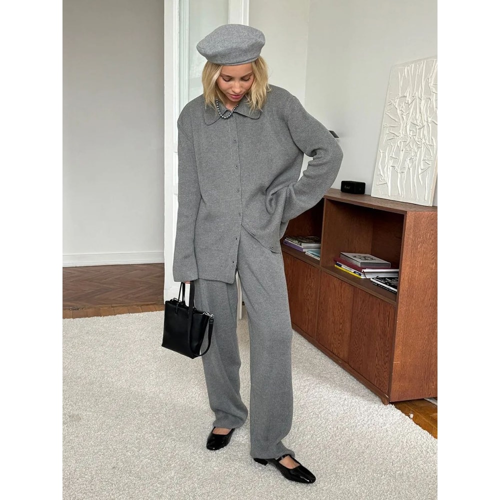 Bornladies Womens Knit Cardigan Pants Set Autumn Winter Loose TwoPiece Office Sweater Outfit 5