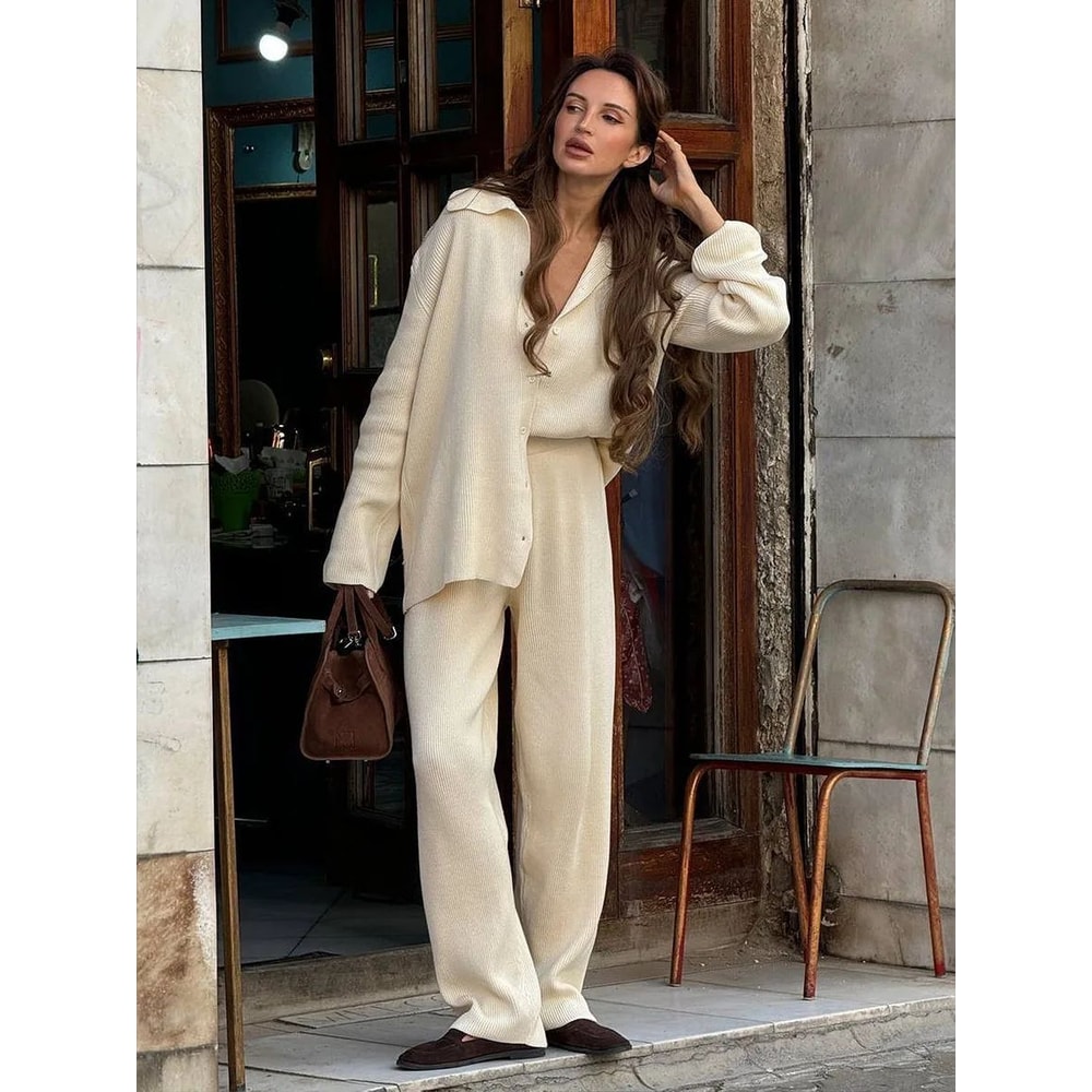 Bornladies Womens Knit Cardigan Pants Set Autumn Winter Loose TwoPiece Office Sweater Outfit 0