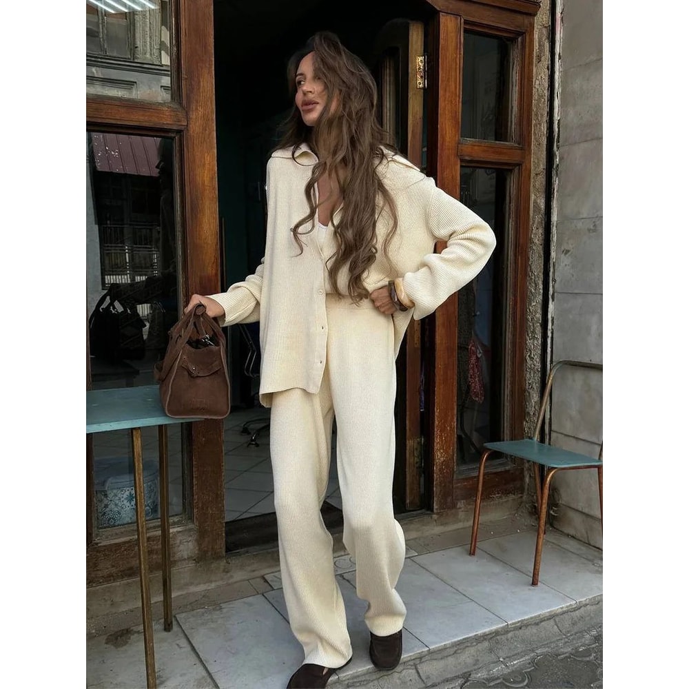Bornladies Womens Knit Cardigan Pants Set Autumn Winter Loose TwoPiece Office Sweater Outfit 1