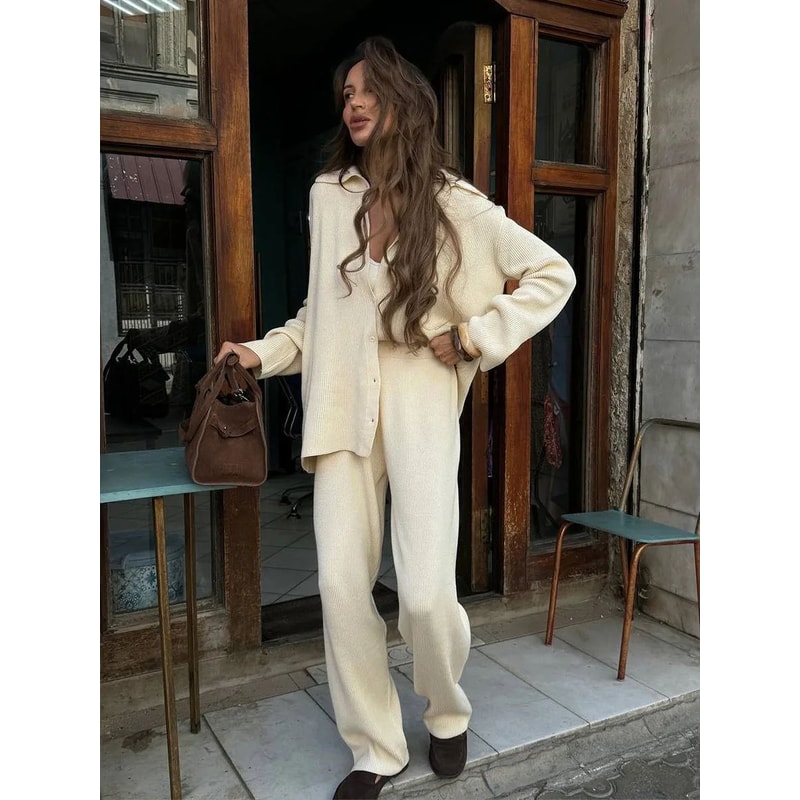 Bornladies Womens Knit Cardigan Pants Set Autumn Winter Loose TwoPiece Office Sweater Outfit 1