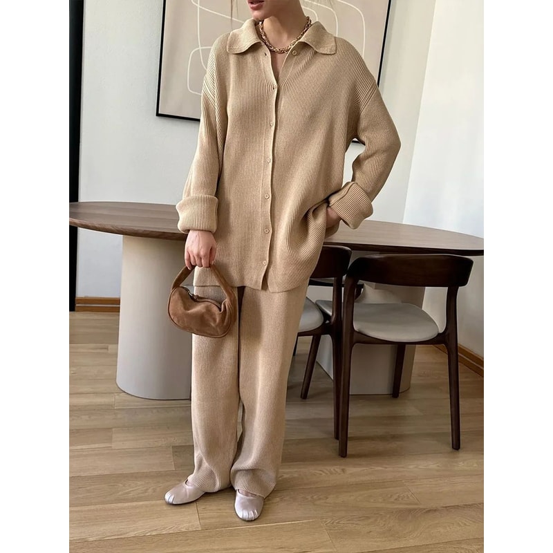 Bornladies Womens Knit Cardigan Pants Set Autumn Winter Loose TwoPiece Office Sweater Outfit 7