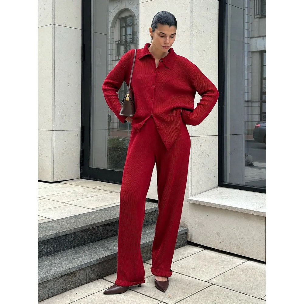 Bornladies Womens Knit Cardigan Pants Set Autumn Winter Loose TwoPiece Office Sweater Outfit 8