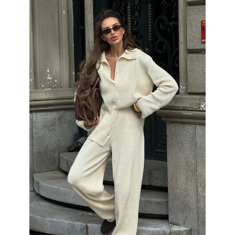 Bornladies Womens Knit Cardigan Pants Set Autumn Winter Loose TwoPiece Office Sweater Outfit 9