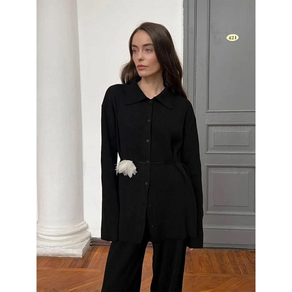 Bornladies Womens Knit Cardigan Pants Set Autumn Winter Loose TwoPiece Office Sweater Outfit 10