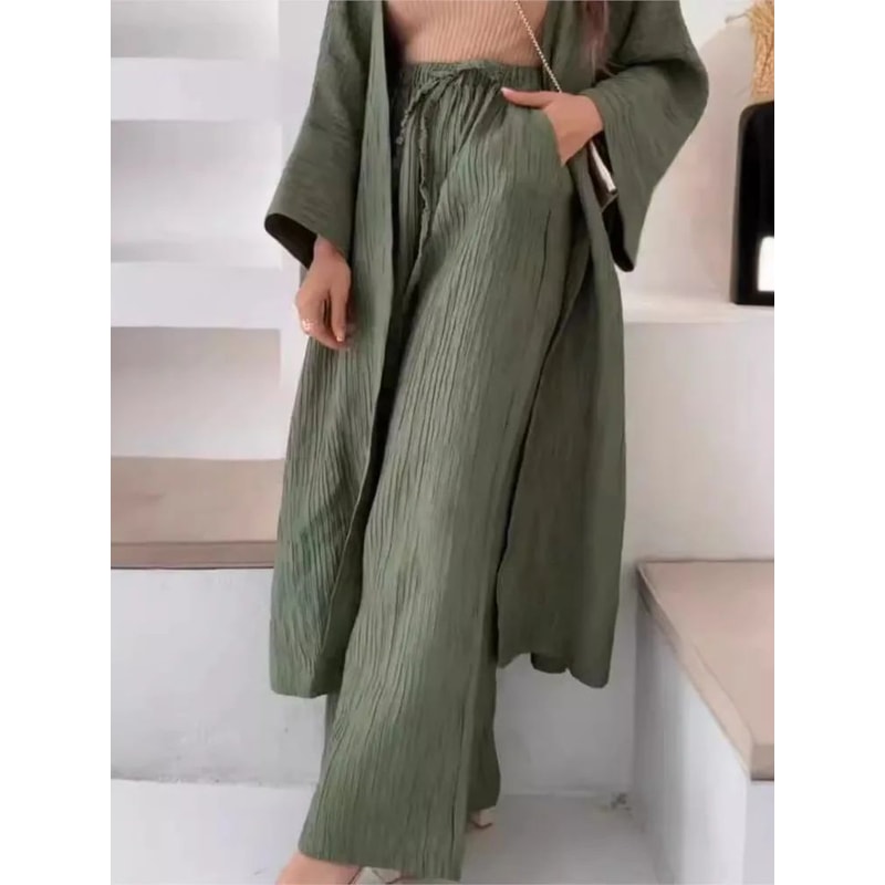 Womens Solid Color Long Cardigan Wide Leg Pants Set Casual Loose Commuter 2Piece Outfit 1