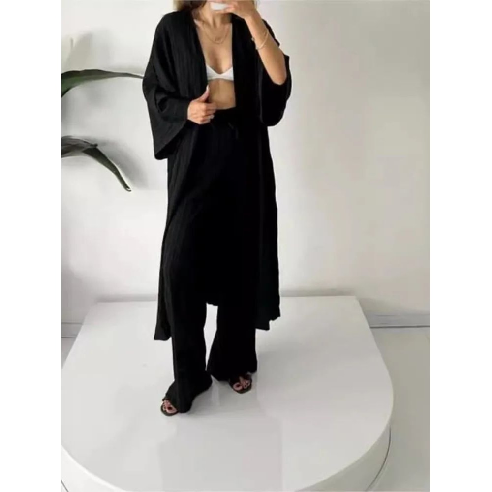 Womens Solid Color Long Cardigan Wide Leg Pants Set Casual Loose Commuter 2Piece Outfit 2