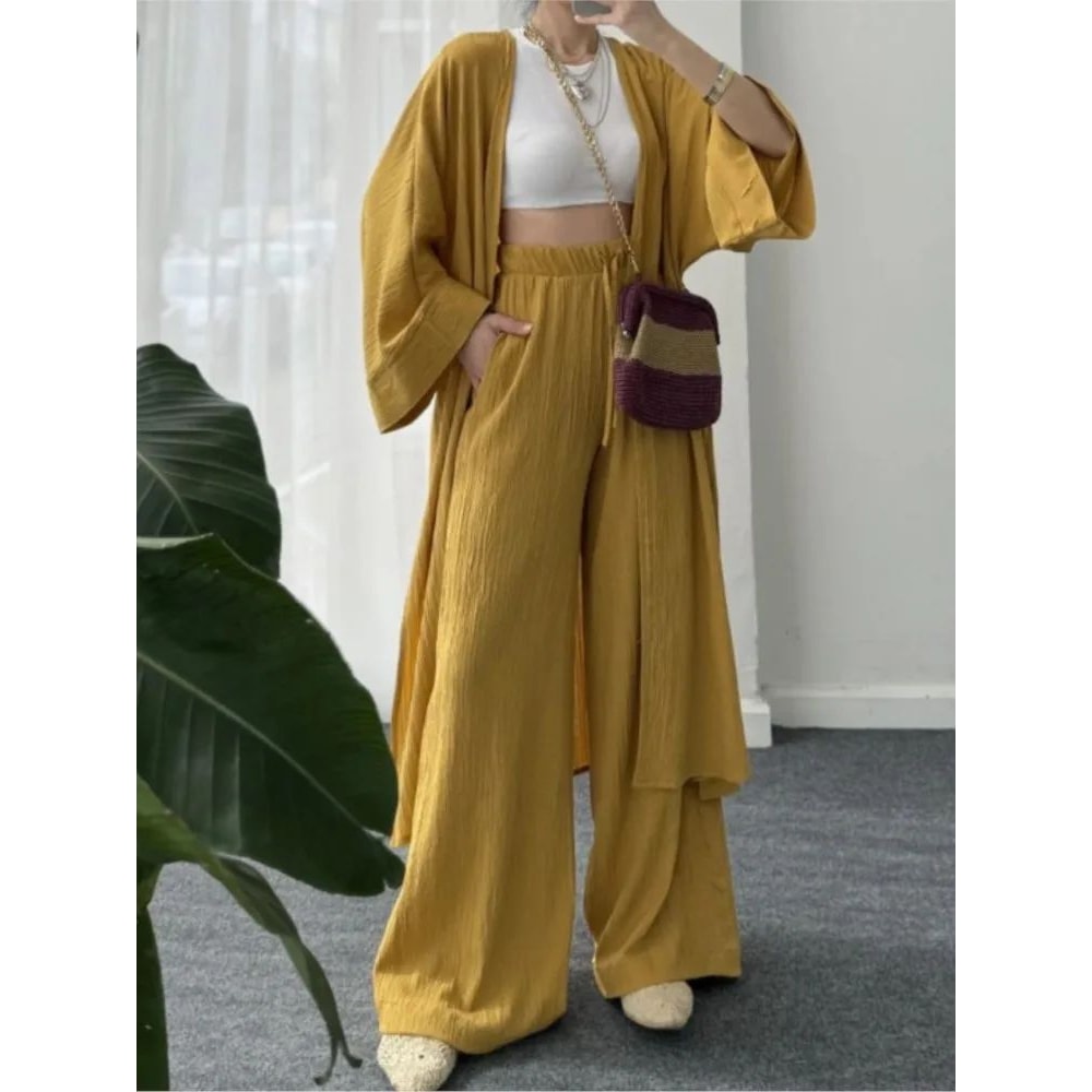 Womens Solid Color Long Cardigan Wide Leg Pants Set Casual Loose Commuter 2Piece Outfit 3