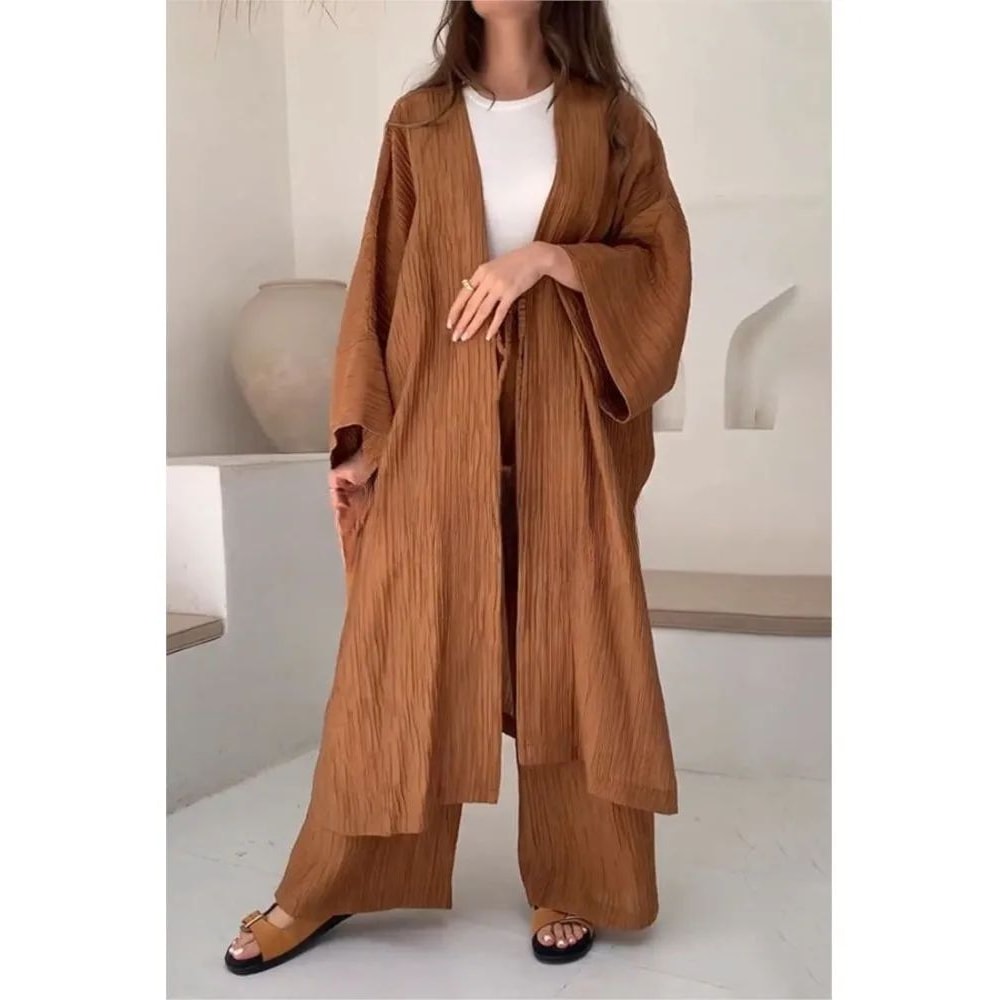 Womens Solid Color Long Cardigan Wide Leg Pants Set Casual Loose Commuter 2Piece Outfit 4