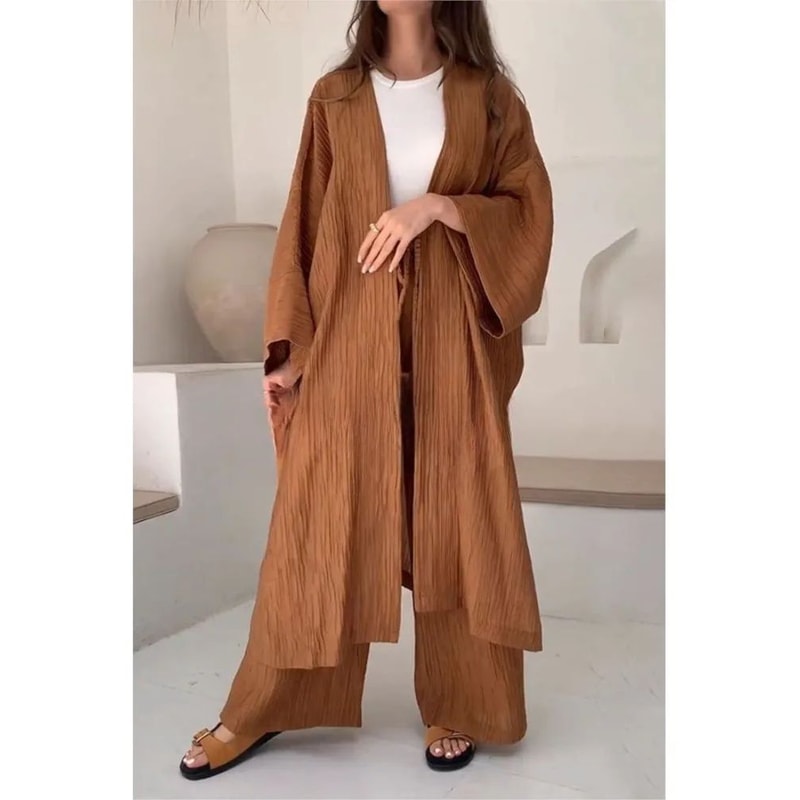 Womens Solid Color Long Cardigan Wide Leg Pants Set Casual Loose Commuter 2Piece Outfit 4