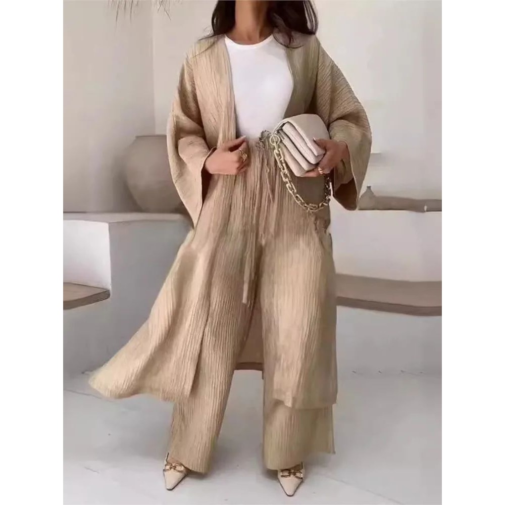 Womens Solid Color Long Cardigan Wide Leg Pants Set Casual Loose Commuter 2Piece Outfit 0