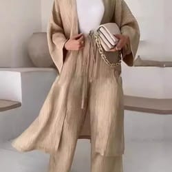 women's solid color long cardigan & wide leg pants set – casual loose commuter 2-piece outfit