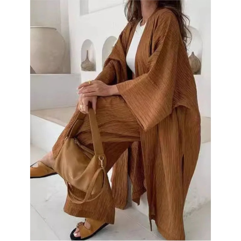Womens Solid Color Long Cardigan Wide Leg Pants Set Casual Loose Commuter 2Piece Outfit 5
