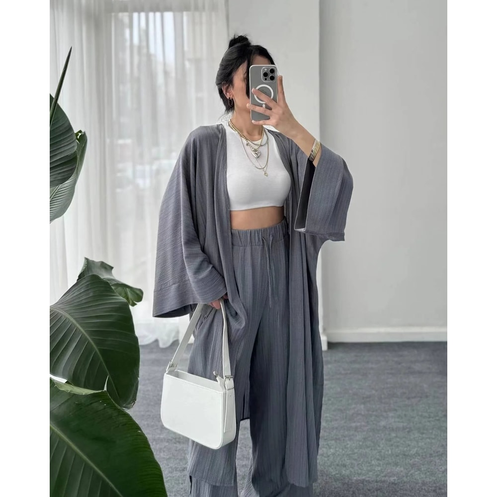 Womens Solid Color Long Cardigan Wide Leg Pants Set Casual Loose Commuter 2Piece Outfit 6