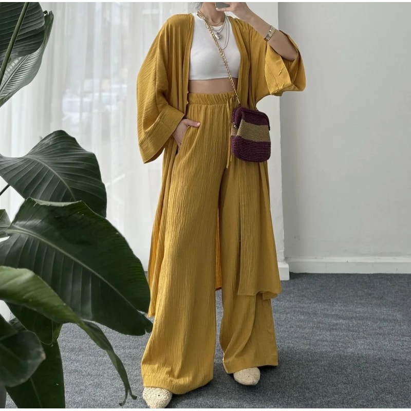 Womens Solid Color Long Cardigan Wide Leg Pants Set Casual Loose Commuter 2Piece Outfit 9