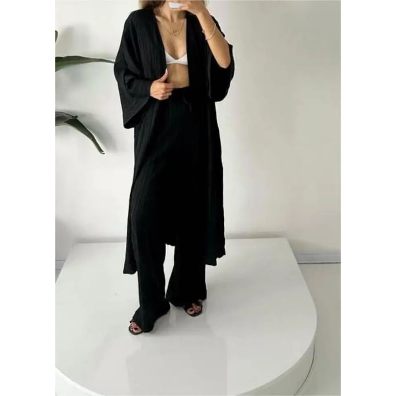 Womens Solid Color Long Cardigan Wide Leg Pants Set Casual Loose Commuter 2Piece Outfit 10