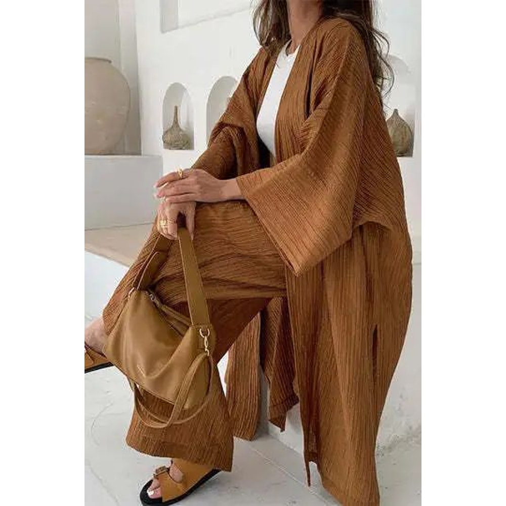 Womens Solid Color Long Cardigan Wide Leg Pants Set Casual Loose Commuter 2Piece Outfit 11