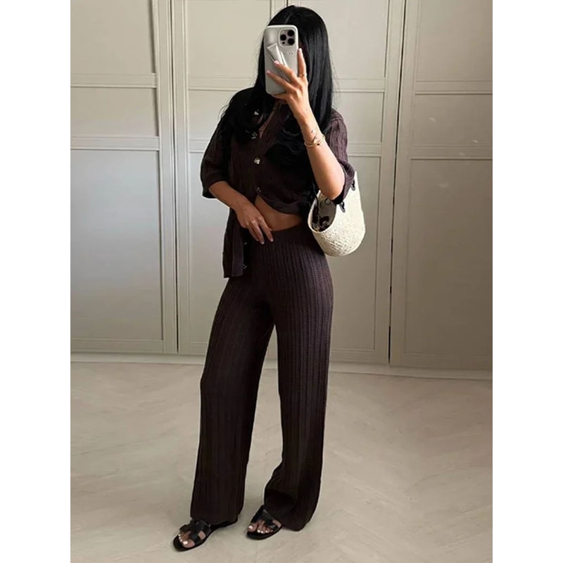 Womens Vintage Knit Cardigan Straight Pants Set Brown Loose Fit 2Piece Fashion Suit 2