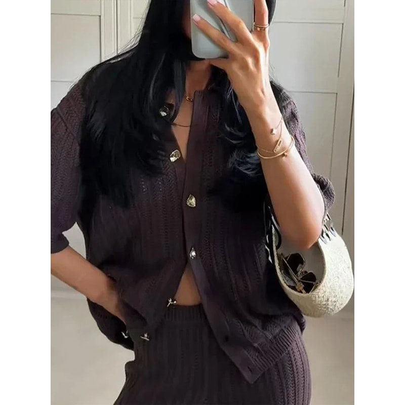 Womens Vintage Knit Cardigan Straight Pants Set Brown Loose Fit 2Piece Fashion Suit 3