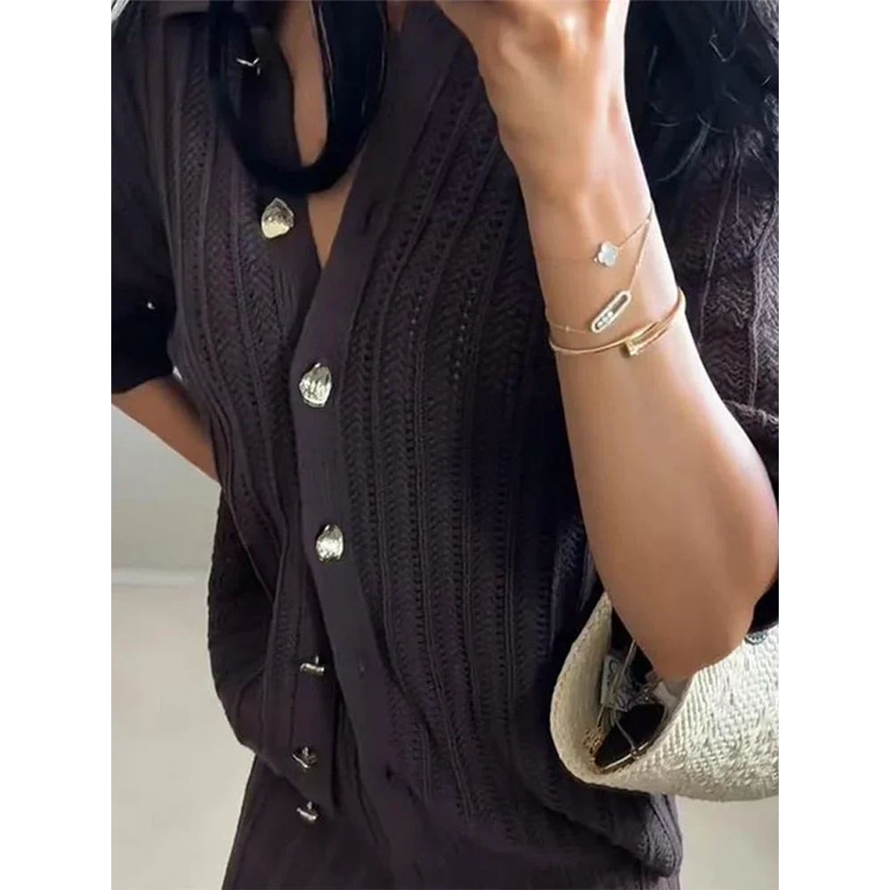 Womens Vintage Knit Cardigan Straight Pants Set Brown Loose Fit 2Piece Fashion Suit 4