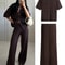 Womens Vintage Knit Cardigan Straight Pants Set Brown Loose Fit 2Piece Fashion Suit 1