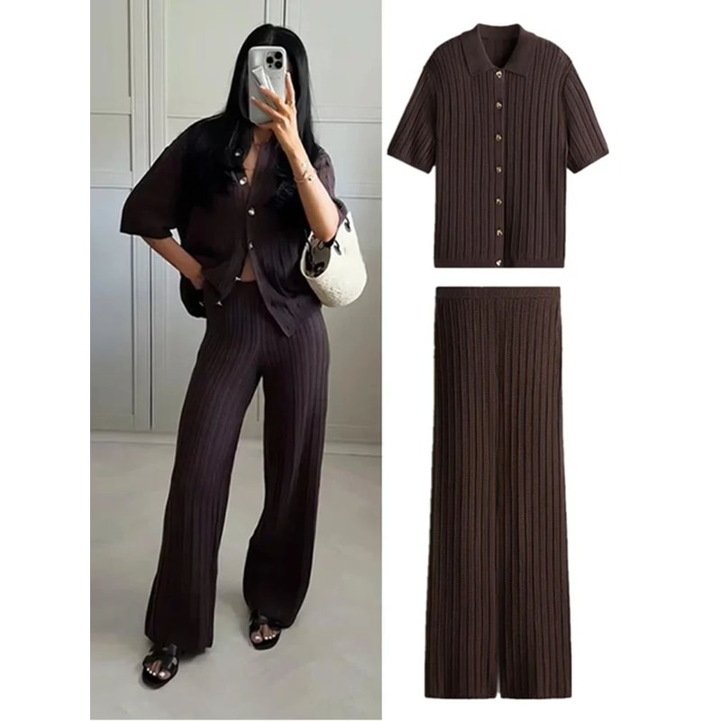 Womens Vintage Knit Cardigan Straight Pants Set Brown Loose Fit 2Piece Fashion Suit 1