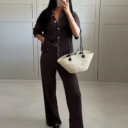 women's vintage knit cardigan & straight pants set – brown loose fit 2-piece fashion suit