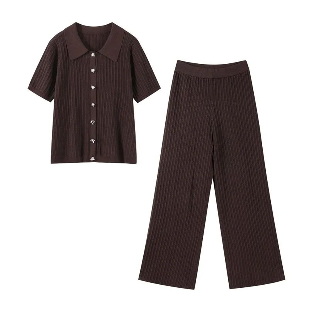 Womens Vintage Knit Cardigan Straight Pants Set Brown Loose Fit 2Piece Fashion Suit 6
